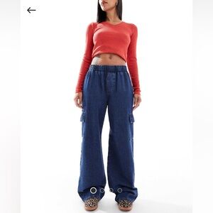 Asos Design Pull on Cargo Jeans in Mid Blue